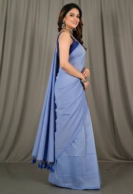 Sky blue fancy cotton handloom saree with blouse piece for women 4