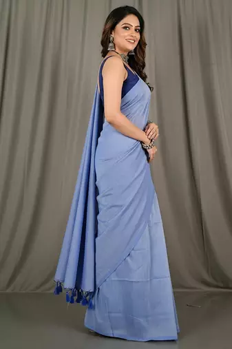 Sky blue fancy cotton handloom saree with blouse piece for women