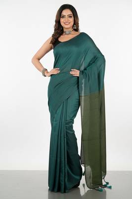 Teal fancy cotton handloom saree with blouse piece for women 1