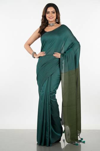 Teal fancy cotton handloom saree with blouse piece for women