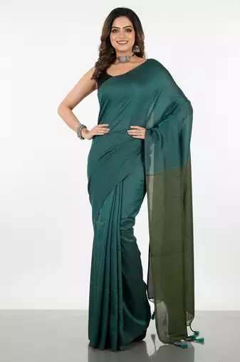 Teal fancy cotton handloom saree with blouse piece for women