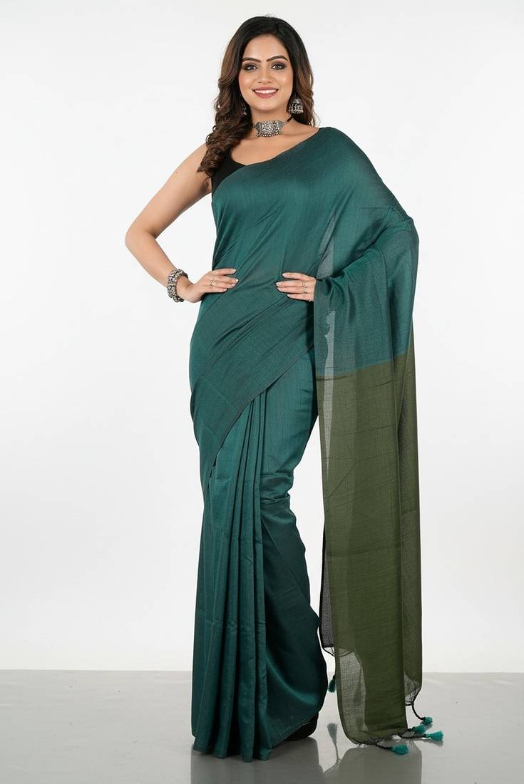 Teal fancy cotton handloom saree with blouse piece for women