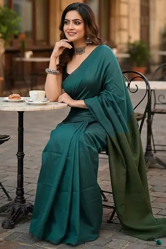Teal fancy cotton handloom saree with blouse piece for women