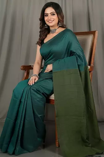 Teal fancy cotton handloom saree with blouse piece for women