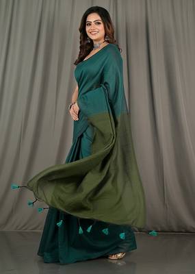 Teal fancy cotton handloom saree with blouse piece for women 4