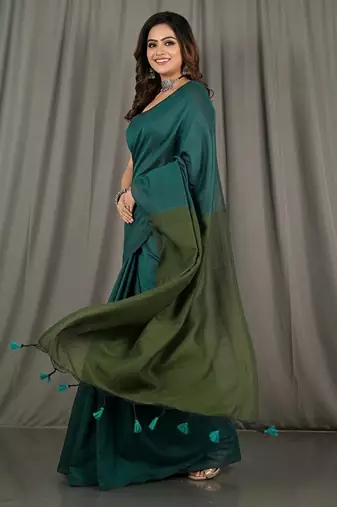 Teal fancy cotton handloom saree with blouse piece for women