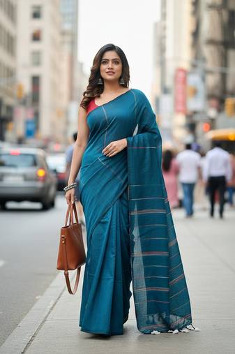 Teal fancy cotton handloom saree with blouse piece for women