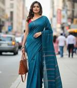 Teal fancy cotton handloom saree with blouse piece for women