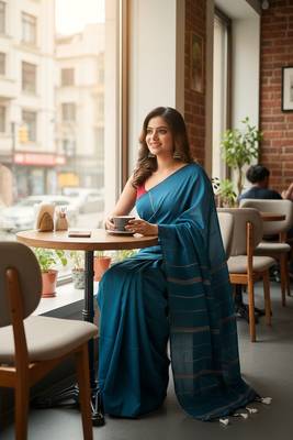 Teal fancy cotton handloom saree with blouse piece for women 2