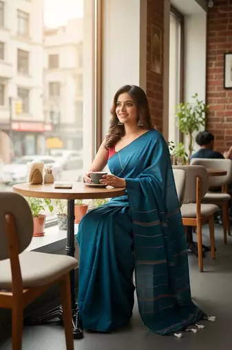 Teal fancy cotton handloom saree with blouse piece for women
