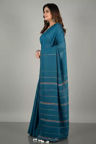 Teal fancy cotton handloom saree with blouse piece for women