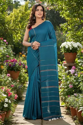 Teal fancy cotton handloom saree with blouse piece for women