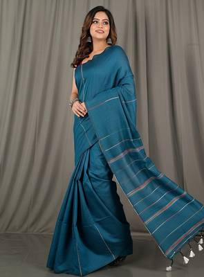 Teal fancy cotton handloom saree with blouse piece for women 5
