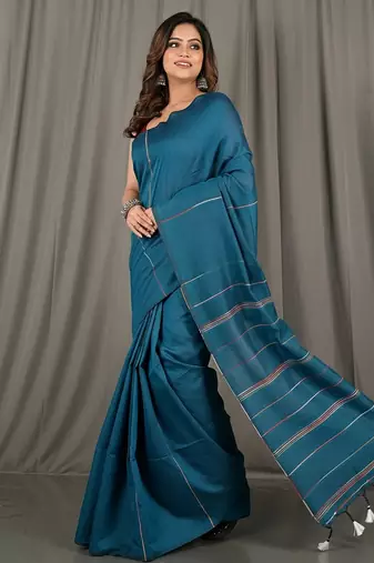 Teal fancy cotton handloom saree with blouse piece for women
