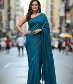 Teal fancy cotton handloom saree with blouse piece for women
