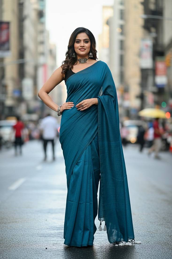 Teal fancy cotton handloom saree with blouse piece for women