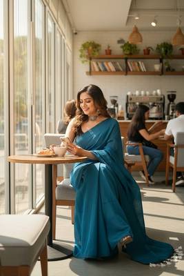 Teal fancy cotton handloom saree with blouse piece for women 2
