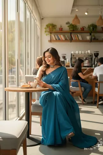 Teal fancy cotton handloom saree with blouse piece for women