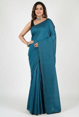 Teal fancy cotton handloom saree with blouse piece for women 3