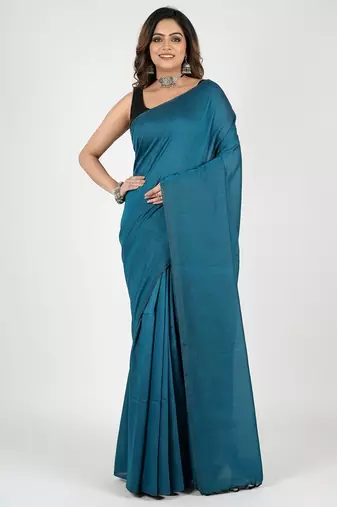Teal fancy cotton handloom saree with blouse piece for women
