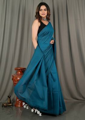 Teal fancy cotton handloom saree with blouse piece for women 4