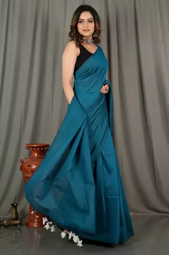 Teal fancy cotton handloom saree with blouse piece for women