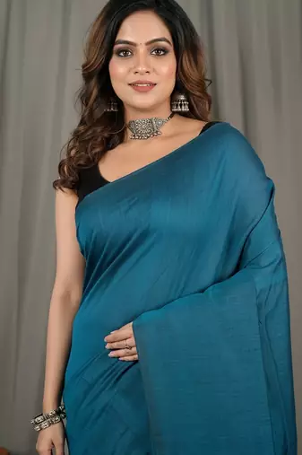 Teal fancy cotton handloom saree with blouse piece for women