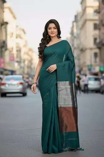 Teal fancy cotton handloom saree with blouse piece for women