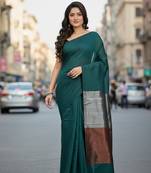 Teal fancy cotton handloom saree with blouse piece for women
