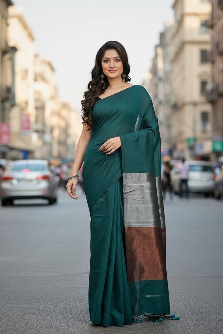 Teal fancy cotton handloom saree with blouse piece for women