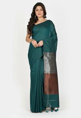 Teal fancy cotton handloom saree with blouse piece for women 2