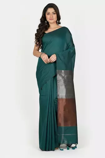 Teal fancy cotton handloom saree with blouse piece for women
