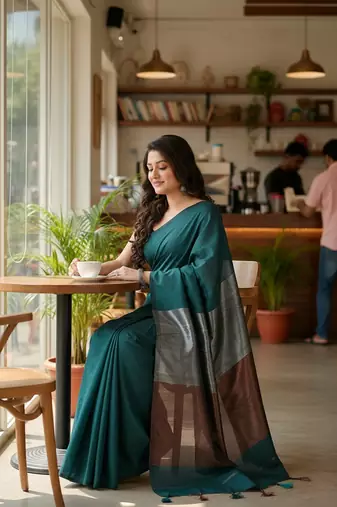 Teal fancy cotton handloom saree with blouse piece for women