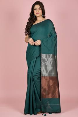 Teal fancy cotton handloom saree with blouse piece for women 4