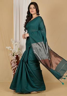 Teal fancy cotton handloom saree with blouse piece for women 5