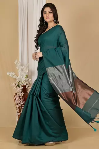 Teal fancy cotton handloom saree with blouse piece for women
