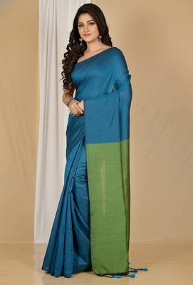 Green fancy cotton handloom saree with blouse piece for women 1