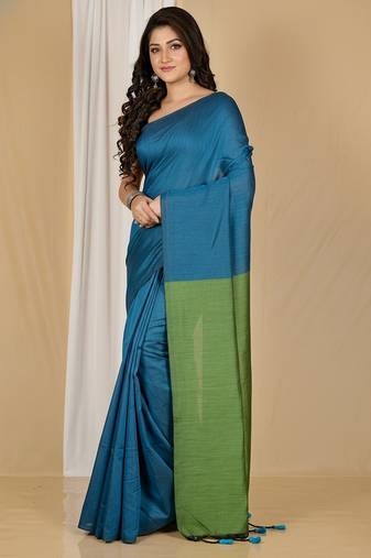 Green fancy cotton handloom saree with blouse piece for women