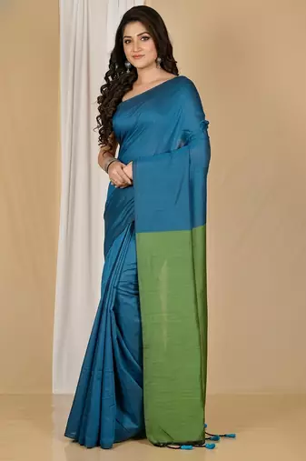 Green fancy cotton handloom saree with blouse piece for women