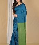 Green fancy cotton handloom saree with blouse piece for women