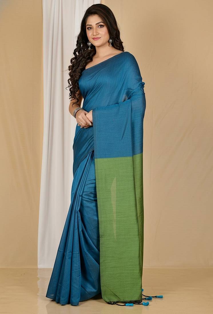 Green fancy cotton handloom saree with blouse piece for women