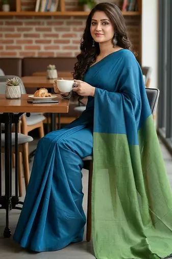 Green fancy cotton handloom saree with blouse piece for women
