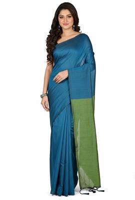 Green fancy cotton handloom saree with blouse piece for women 3