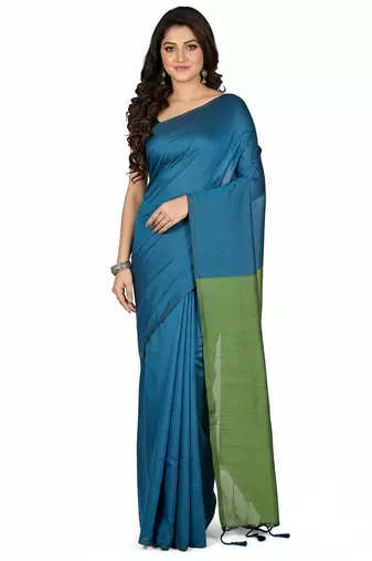 Green fancy cotton handloom saree with blouse piece for women
