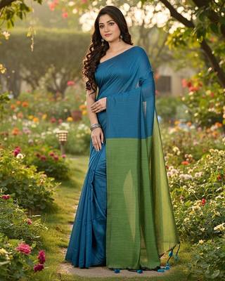 Green fancy cotton handloom saree with blouse piece for women 4