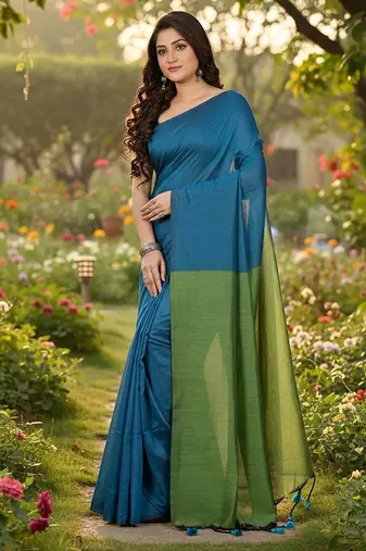 Green fancy cotton handloom saree with blouse piece for women