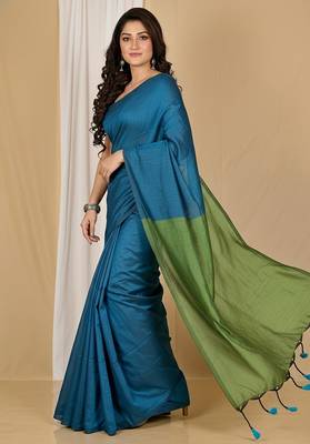 Green fancy cotton handloom saree with blouse piece for women 5