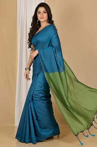 Green fancy cotton handloom saree with blouse piece for women