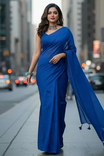 Blue fancy cotton handloom saree with blouse piece for women