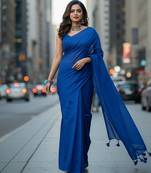 Blue fancy cotton handloom saree with blouse piece for women
